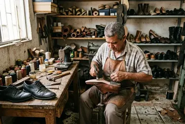 Sapateiro trabalhando na reforma de um sapato social, mostrando o cuidado com os detalhes.