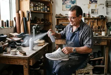 Sapateiro aplicando impermeabilizante em um tênis, rodeado por produtos de cuidado de calçados.