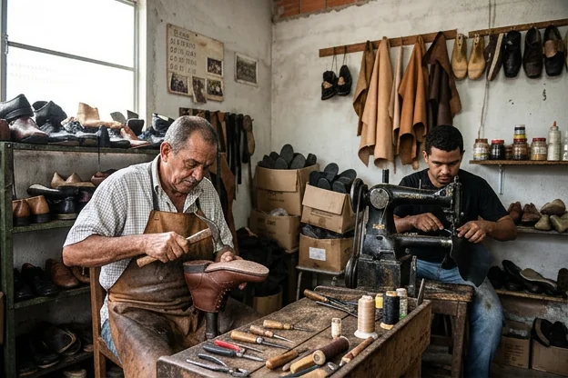 Sapateiros trabalhando com calçados, ferramentas em uso, ambiente profissional.