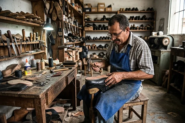 Sapateiro reformando um sapato social, focando nos detalhes do acabamento.