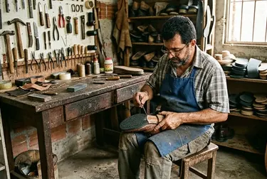 Sapateiro trabalhando na troca de solado de um sapato, com ferramentas organizadas ao lado.