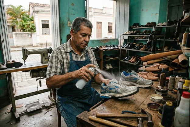 Sapateiro aplicando impermeabilizante em um tênis, mostrando o cuidado com o produto.